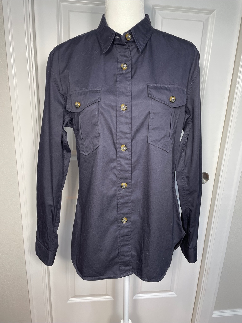 Claridge + King Button Up Shirt Large Fitted Rolled Up Sleeve Night Shadow Blue